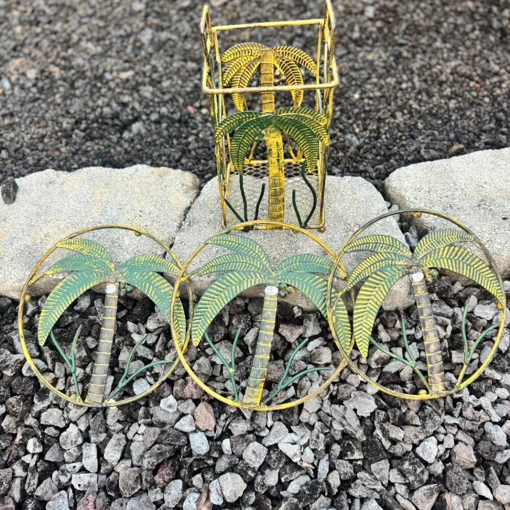 Vintage Palm Tree Metal Wall Art & Holder Set NWOT Tropical Coastal Decor
